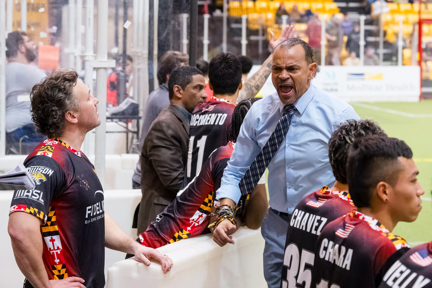 BALTIMORE, MD - Baltimore Blast head coach David Bascome reacts to a call during a Major Arena Soccer League match on February 1, 2026, at SECU Arena.