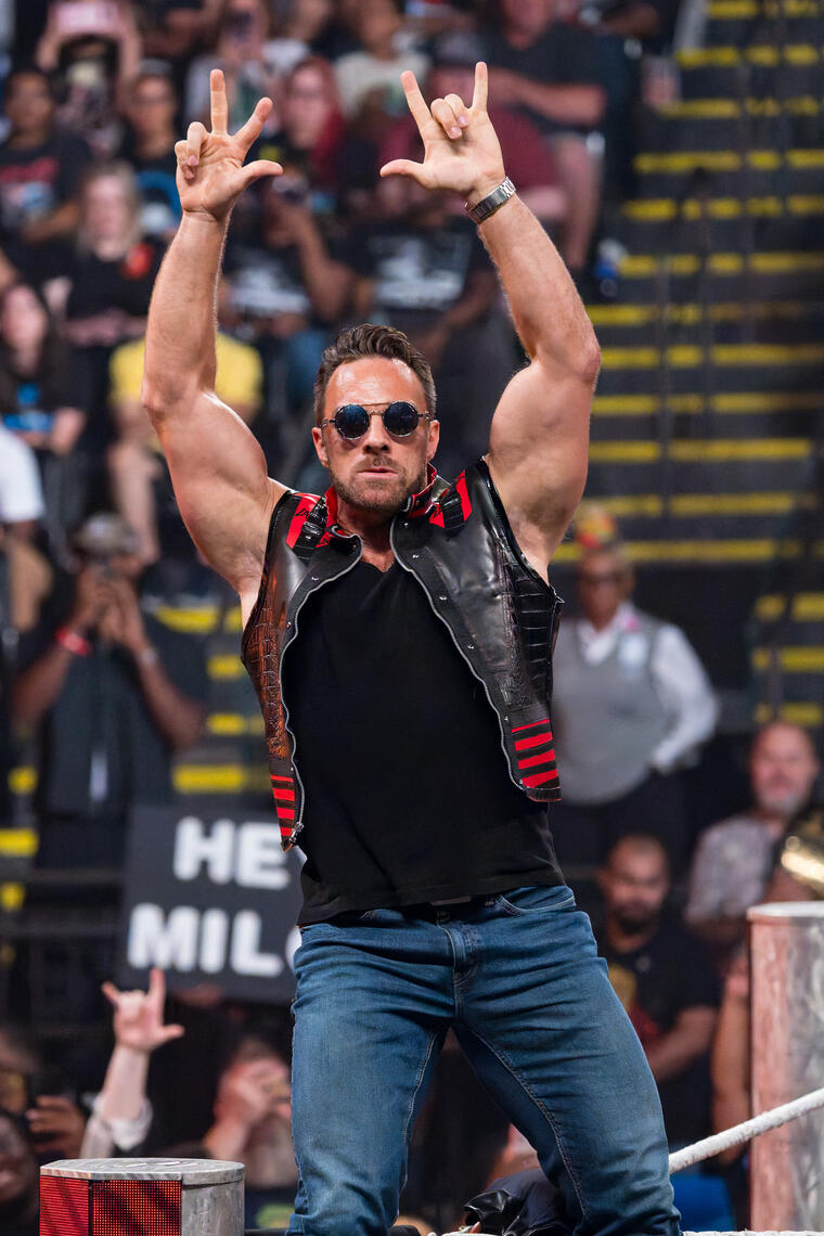 BALTIMORE, MD - WWE Superstar LA Knight gestures to the crowd during a WWE Monday Night Raw event on June 15, 2026, at CFG Bank Arena.