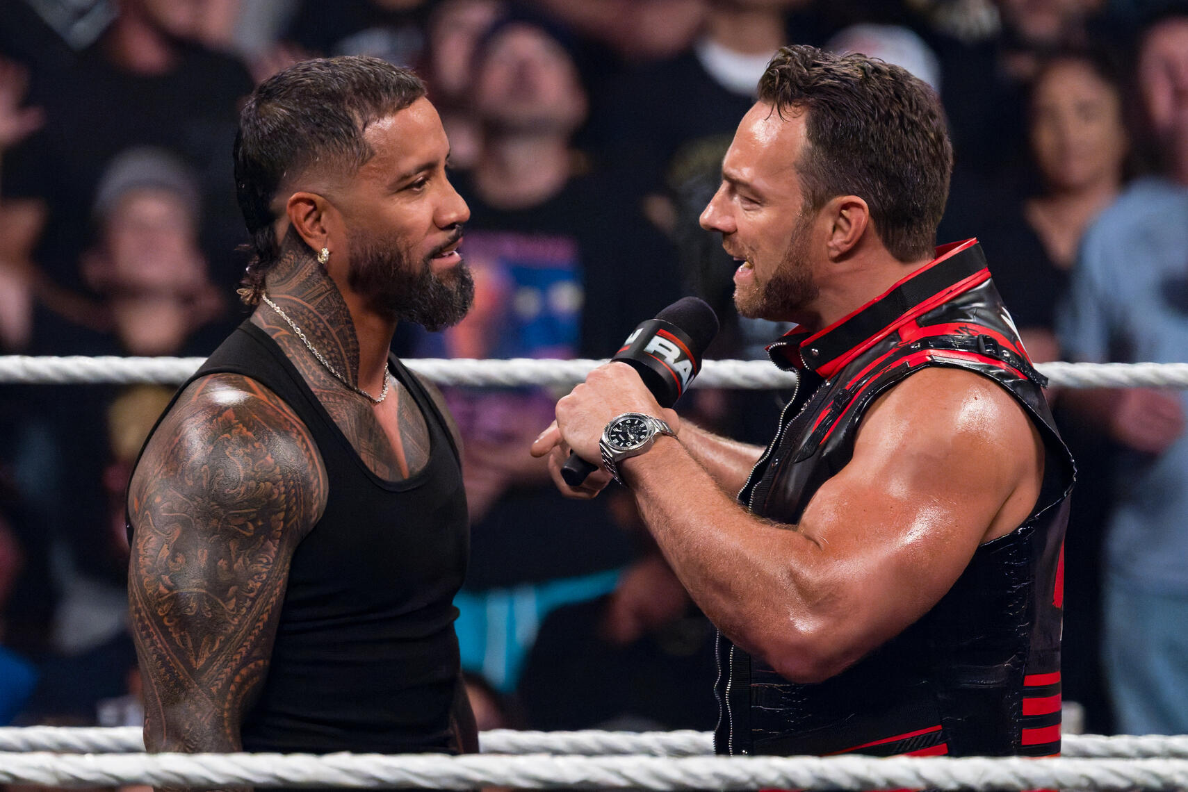 BALTIMORE, MD - LA Knight addresses Jey Uso during the June 15, 2026 WWE event at CFG Bank Arena in Baltimore, Maryland.